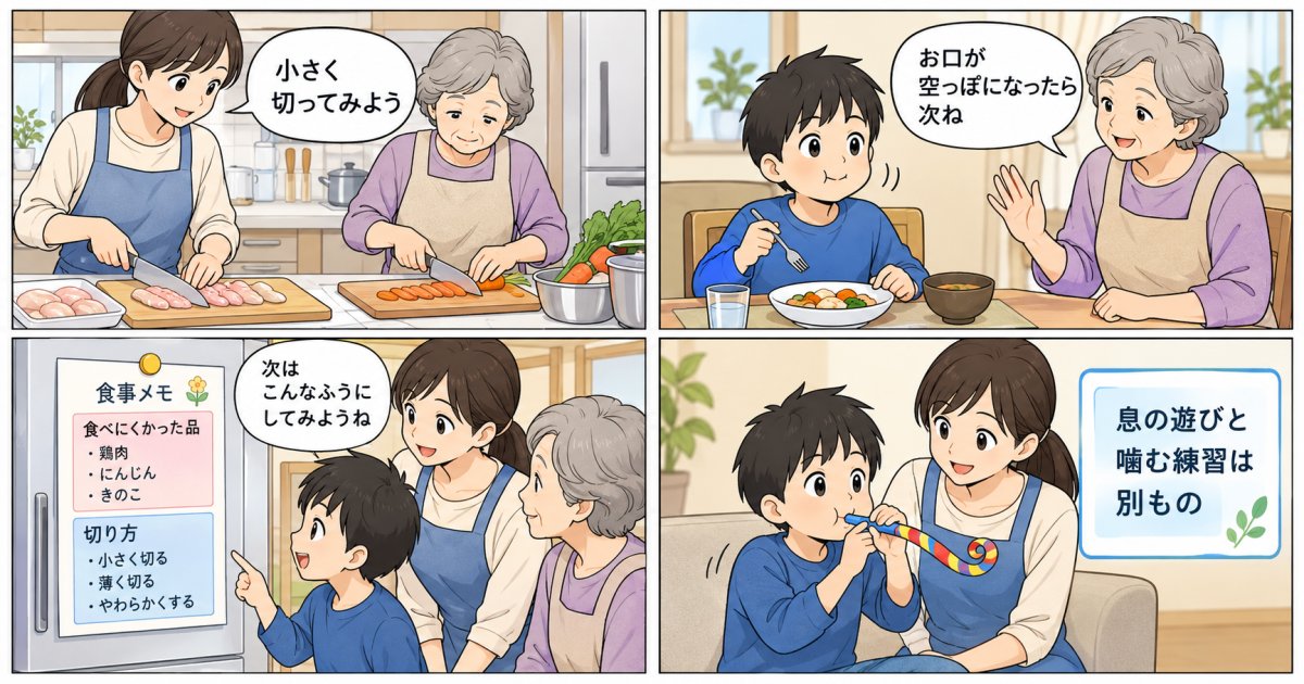 年長のお子さんが食べやすい形から、噛む経験を増やす